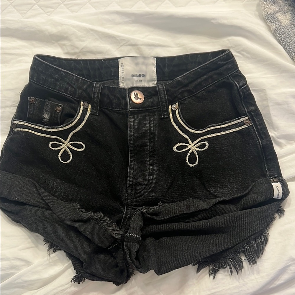 One Teaspoon Black Jean Shorts with Distressed Hem